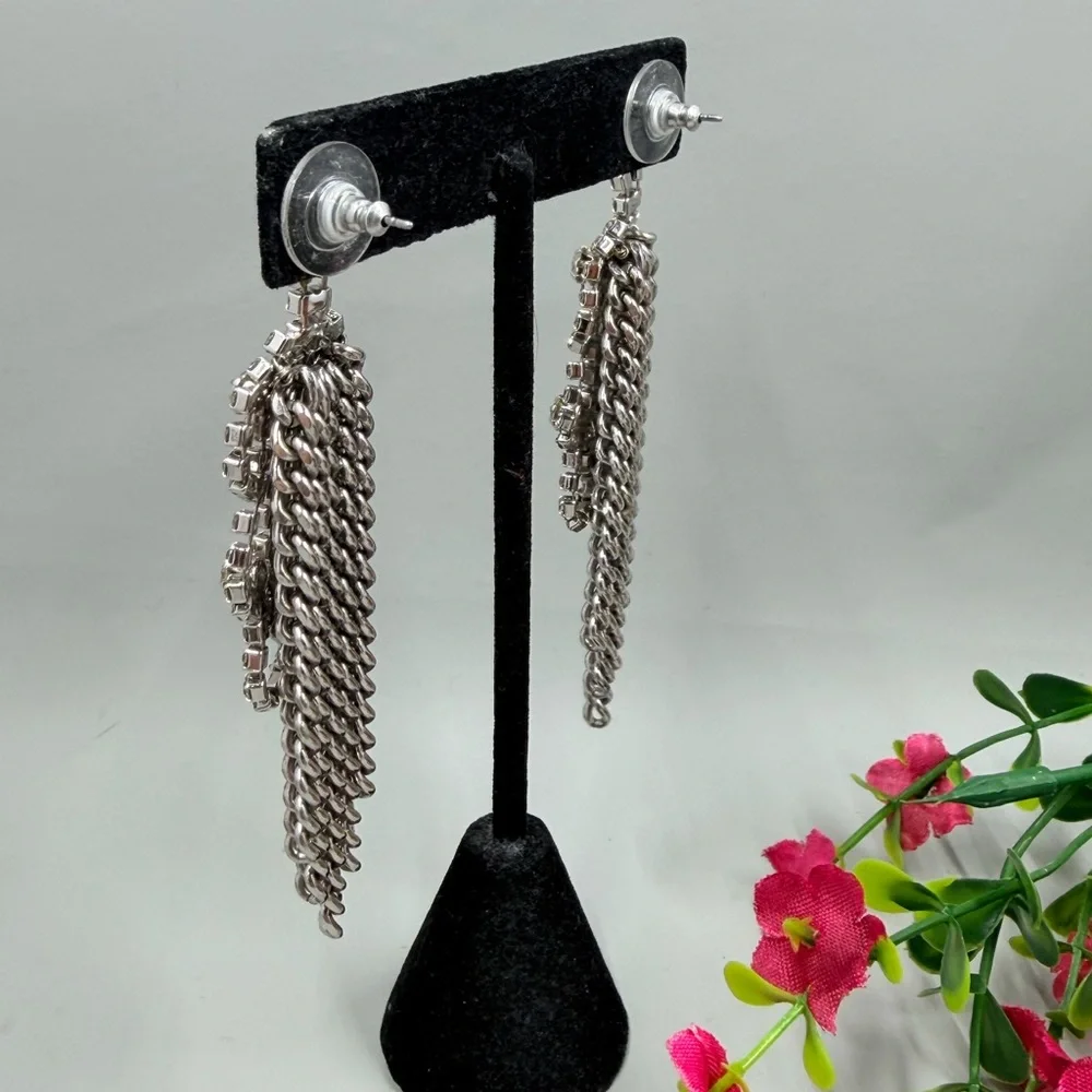 Vintage Crystal Fringe Drop Earrings With Chain Dangles - Picture 4 of 5